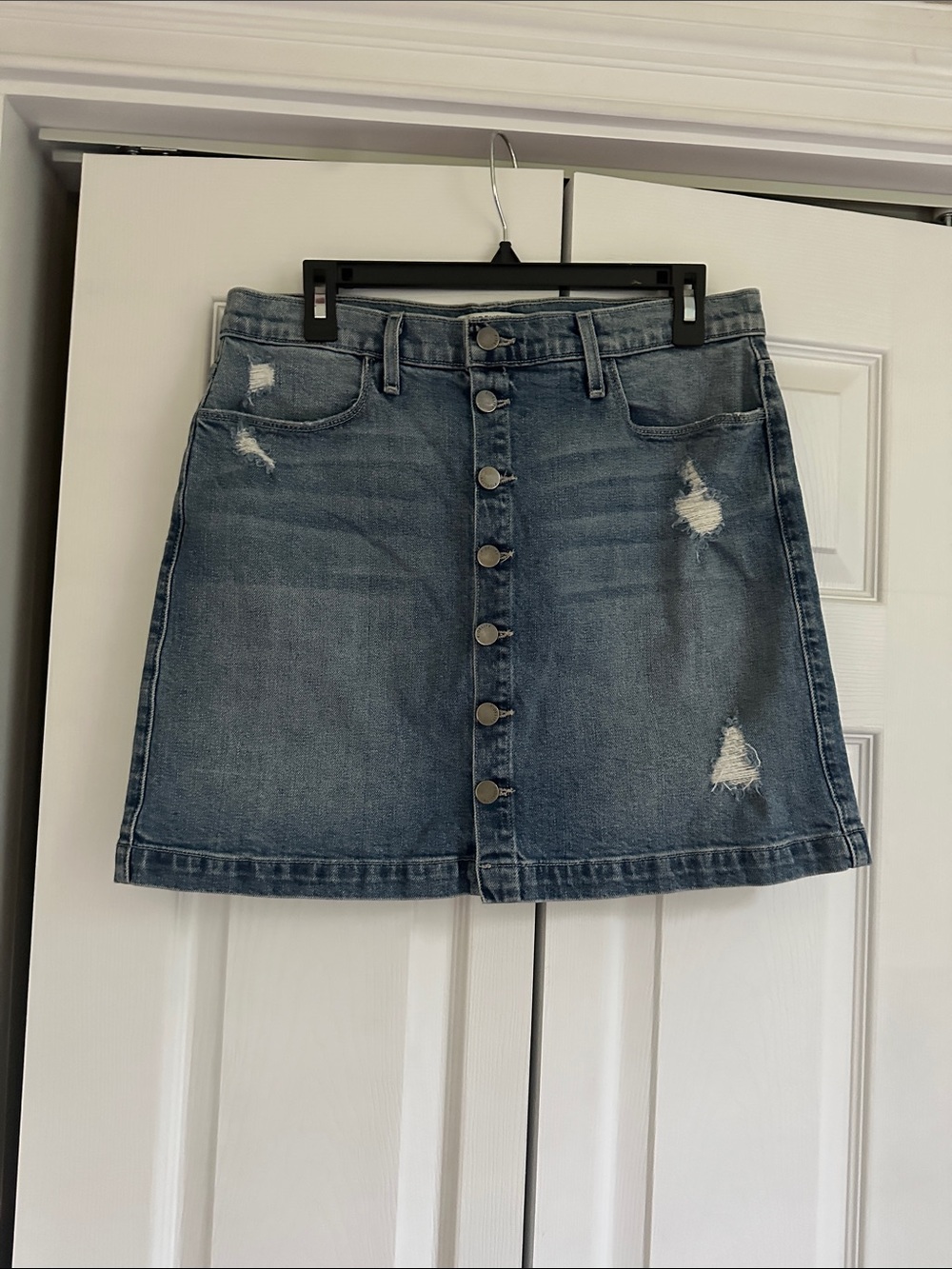 Fidelity Denim Distressed Button-Front Blue Jean Mini Skirt
